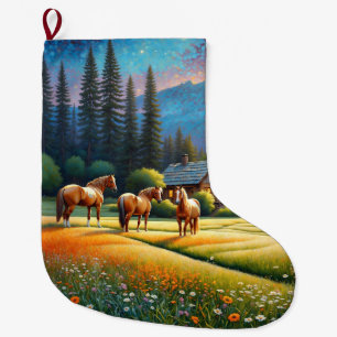 Meia De Natal Grande Cavalo no Prado de Flores Silvestres da Fazenda
