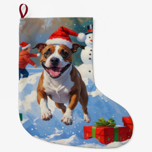 Meia De Natal Grande Cena de Natal com Bull Terrier na Neve