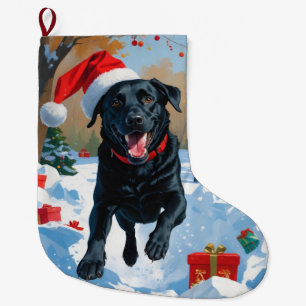 Meia De Natal Grande Cena de Natal com Labrador Preto na Neve 