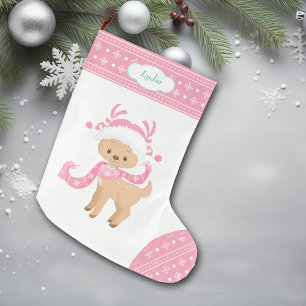 Meia De Natal Grande Cervos cor-de-rosa do papai noel do teste padrão