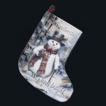 Meia De Natal Grande Charmoso Snowman Watercolor Floresta de inverno Pe<br><div class="desc">Celebre a temporada com esta personalizada Charming Snowman Watercolor, Estocagem de Natal da Floresta de inverno. Apresentando um bonitinho bonitinho de chapéu e cachecol, segurando uma bengala e posicionado contra uma serena floresta serena de inverno, o design é acentuado pela elegante escrita "Feliz e Brilho" e pela tipografia moderna mostrando...</div>
