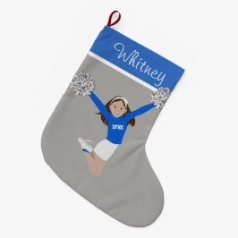 Meia De Natal Grande Cheerleader Brunette em Branco e Azul
