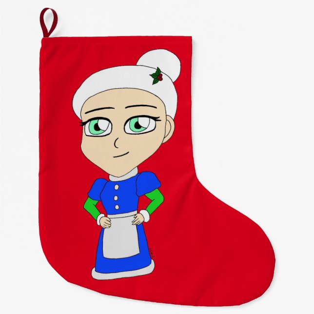 Meia De Natal Grande Chibi Sra. Claus, fato azul (Frente)