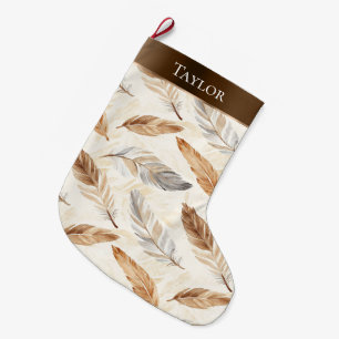Meia De Natal Grande Chic Cream White Brown Feather Natal Natal