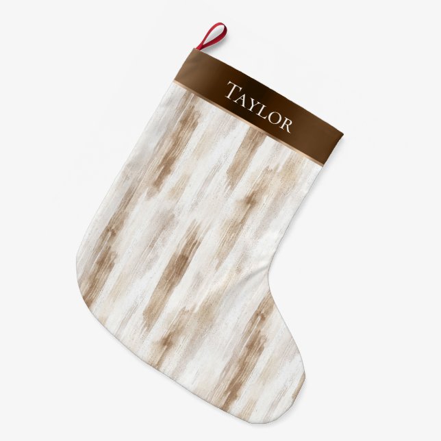 Meia De Natal Grande Chic Cream White Brown Strips Natal (Frente (Pendurada))