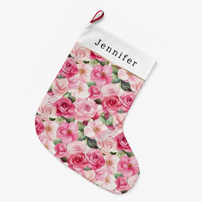 Meia De Natal Grande Chic Pink Roses Floral Christmas (Frente (Pendurada))