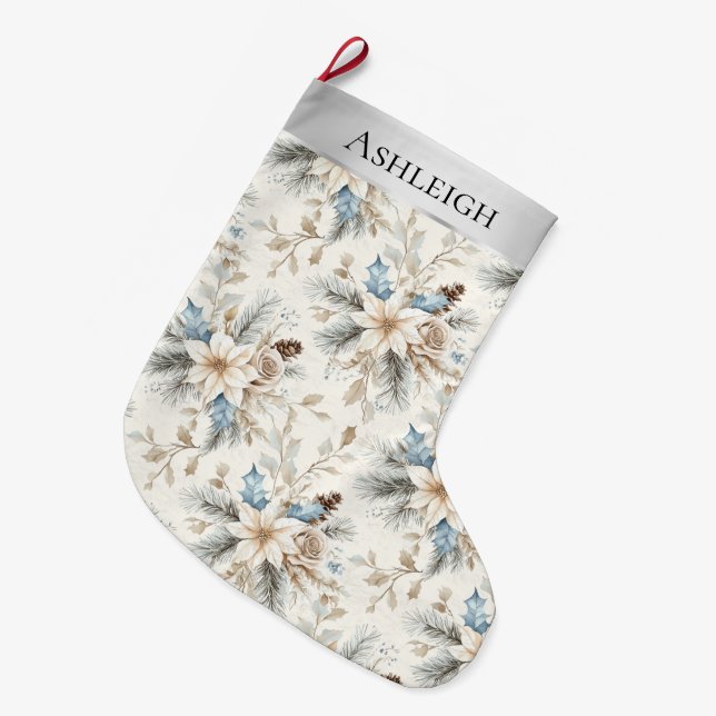 Meia De Natal Grande Chic Silver Cream Azul Branco Natal Floral (Frente (Pendurada))
