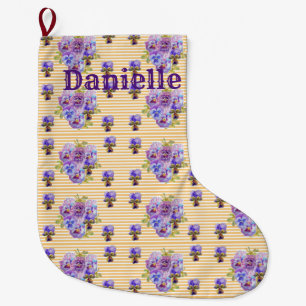 Meia De Natal Grande Chique Floral Aqua Stripe de Natal