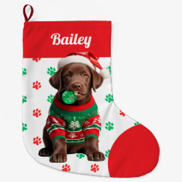 Meia De Natal Grande Chocolate Labrador Puppy Sweater Personalizado
