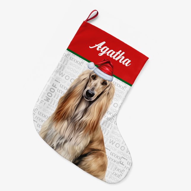 Meia De Natal Grande Christmas Afghan Hound Dog Name Woof Background (Frente (Pendurada))