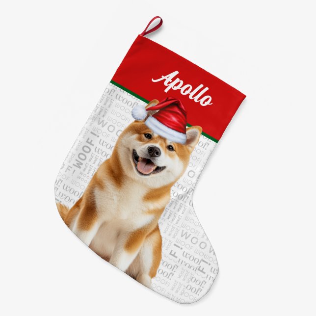 Meia De Natal Grande Christmas Akita Dog with Name Woof Background (Frente (Pendurada))