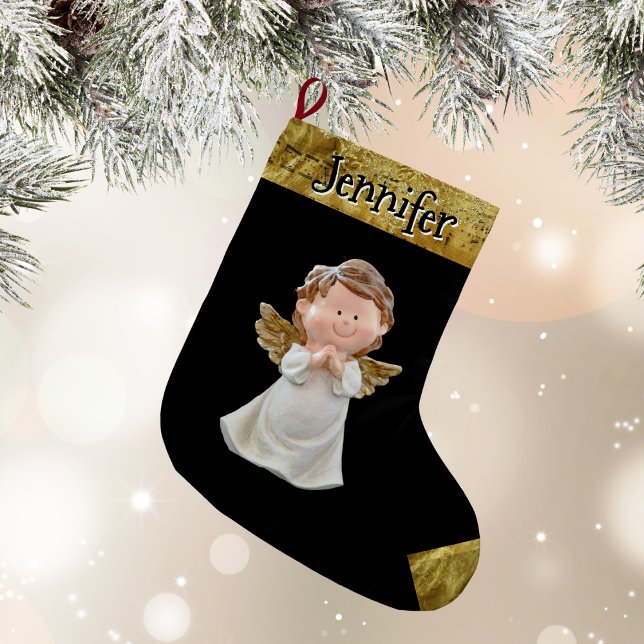 Meia De Natal Grande Christmas Angel With Name, Gold  (Christmas Angel With Name - Black and Gold)