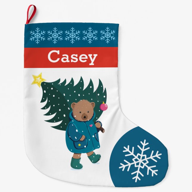 Meia De Natal Grande Christmas Baby Bear Christmas Tree Snowflakes.  La (Frente)