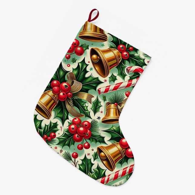 Meia De Natal Grande Christmas Bells holly candy canes art pattern (Frente (Pendurada))
