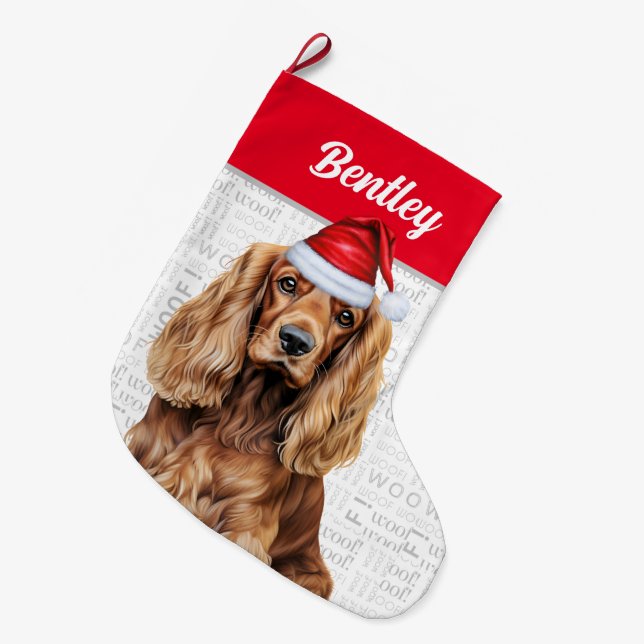 Meia De Natal Grande Christmas Cocker Spaniel with Dog's Name (Frente (Pendurada))