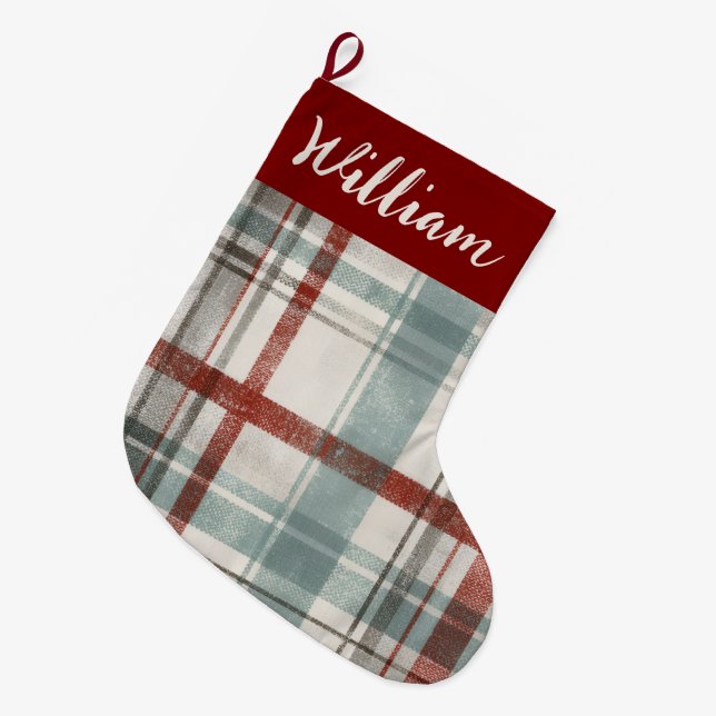 Meia De Natal Grande Christmas Festive Plaid Holiday Stocking (Frente (Pendurada))