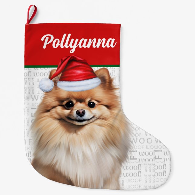 Meia De Natal Grande Christmas Pomeranian Dog with Name Woof (Frente)