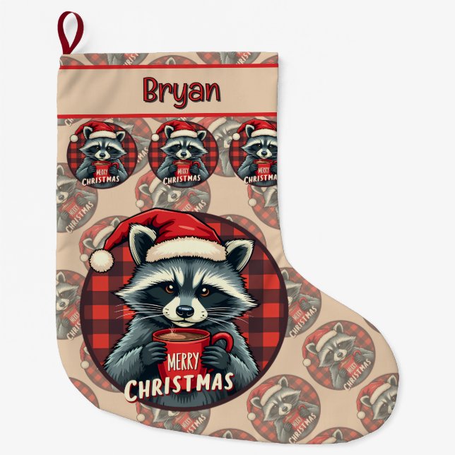Meia De Natal Grande Christmas Raccoon Cocoa Cheer (Frente)