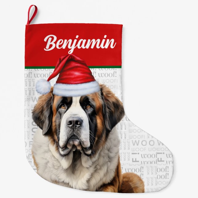 Meia De Natal Grande Christmas Saint Bernard Dog with Name Woof (Frente)