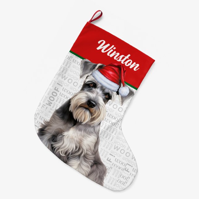Meia De Natal Grande Christmas Schnauzer Dog Name Woof Background (Frente (Pendurada))