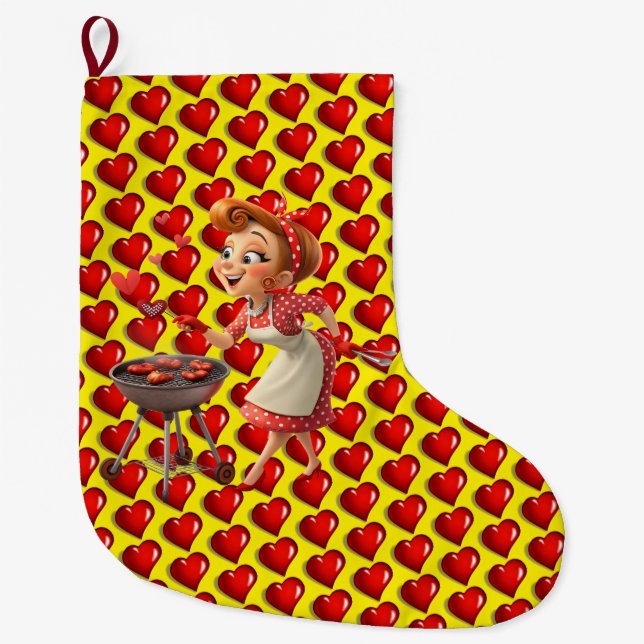 Meia De Natal Grande Christmas Stocking, Cooking Red Hearts Love (Frente)