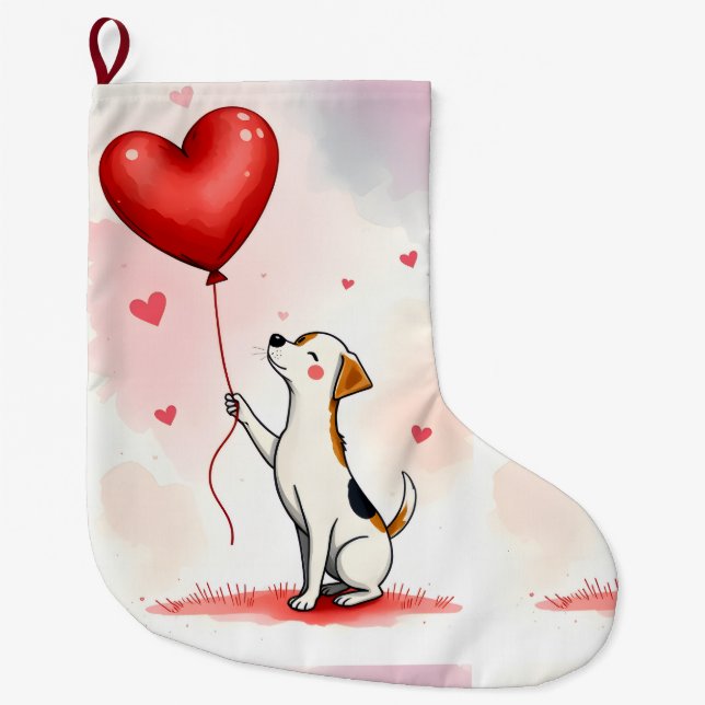 Meia De Natal Grande Christmas Stocking,  Dog Red Heart (Frente)