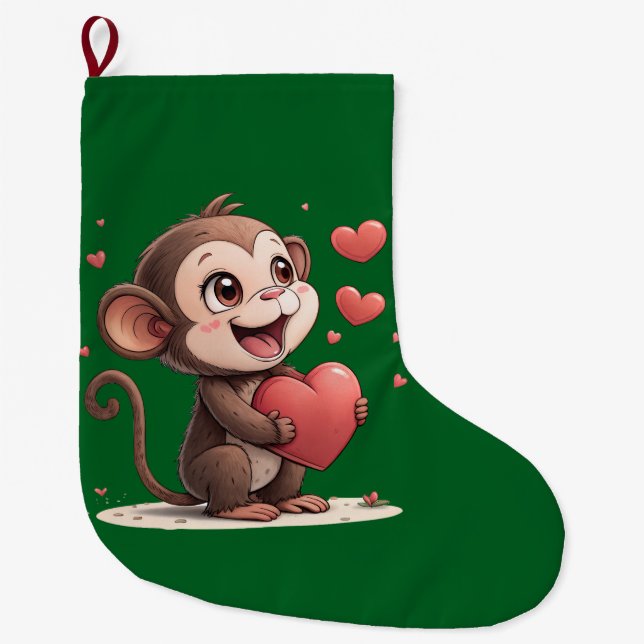 Meia De Natal Grande Christmas Stocking, Monkey Red Hearts Love (Frente)