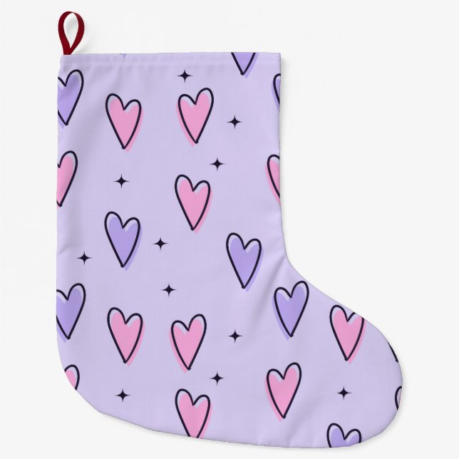 Meia De Natal Grande Christmas Stocking, Pink Purple Hearts Love (Frente)