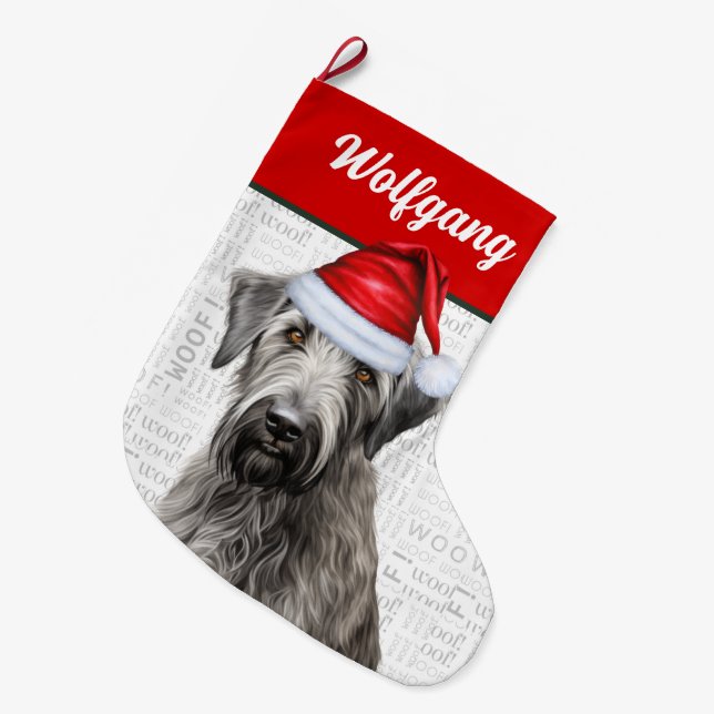 Meia De Natal Grande Christmas Wolfhound with Name Woof Background (Frente (Pendurada))