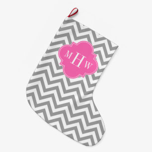 Meia De Natal Grande Cinza Dk Lg Chevron Quatrefoil Quente Rosa Quatref