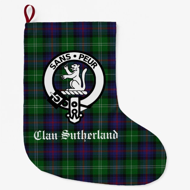 Meia De Natal Grande Clan Sutherland Crest & Tartan Personalizável (Frente)