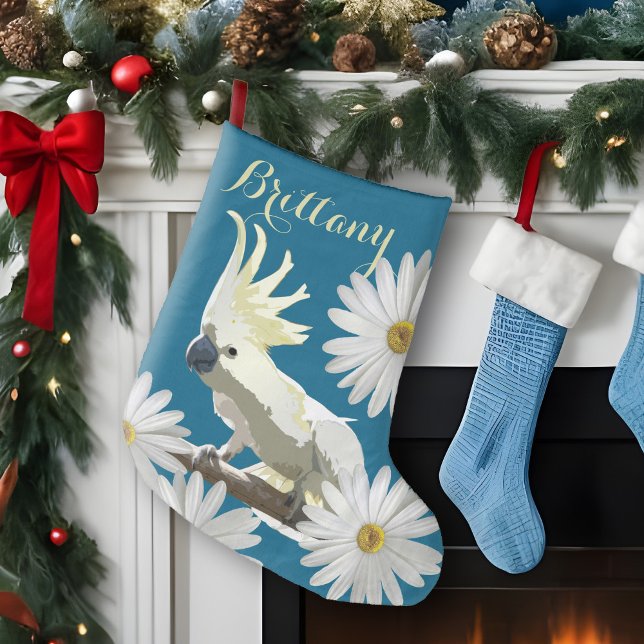 Meia De Natal Grande Cockatoa festiva com flores margaridas papagaio vi (Festive Cockatoo personalized Christmas stocking with cheerful daisies for a bird lover's holiday!)