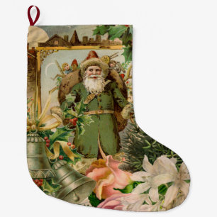 Meia De Natal Grande Colagem de Natal do Velho Mundo do Papai Noel Verd