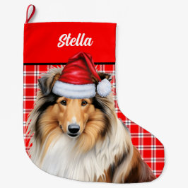 Meia De Natal Grande Collie Dog Holiday Red Xadrez Personalizada