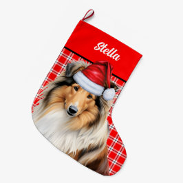 Meia De Natal Grande Collie Dog Holiday Red Xadrez Personalizada