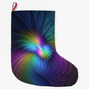 Meia De Natal Grande Colorida Com Arte Fractal Abstrato Moderna Azul