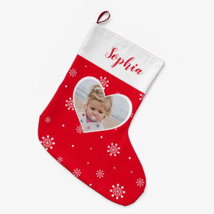 Meia De Natal Grande Coração Vermelho & Flocos de Neve Foto Personali