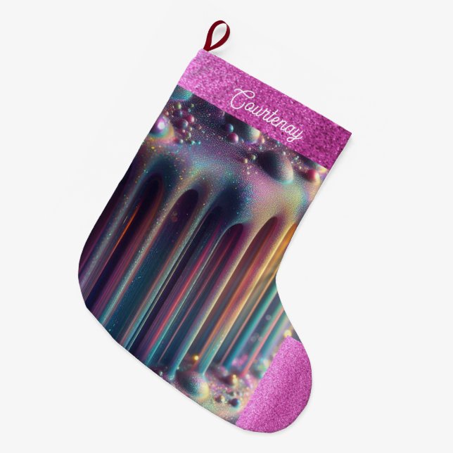 Meia De Natal Grande Cores de Arco-íris Iridescente Glitter Personaliza (Frente (Pendurada))