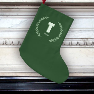 Meia De Natal Grande Coroa de Louro Verde Letra T Monograma