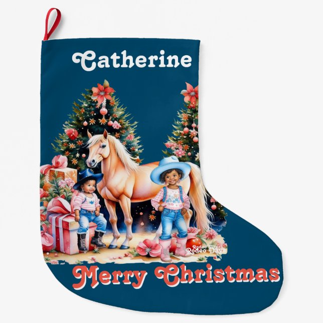 Meia De Natal Grande Cowgirl Negra Horse de inverno Feliz Natal (Frente)