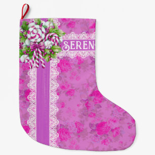 Meia De Natal Grande Cozy Cottage Pink e Purple Christmas Stocks