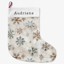 Meia De Natal Grande Cream Blue Brown Snowflakes  