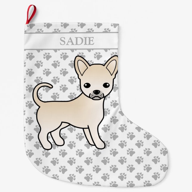 Meia De Natal Grande Cream Casaco Chihuahua Cartoon Cachorro e Nome (Frente)