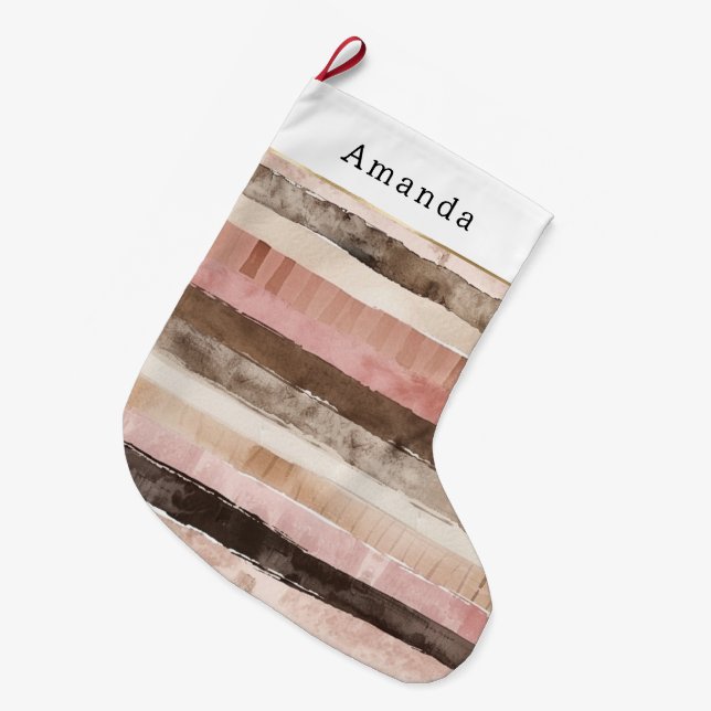 Meia De Natal Grande Cream Castanho Rosa Stripes Natal (Frente (Pendurada))