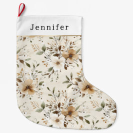 Meia De Natal Grande Cream White Brown Floral Christmas