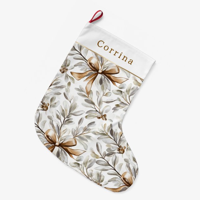 Meia De Natal Grande Cream White Gingerbread Bows   (Frente (Pendurada))