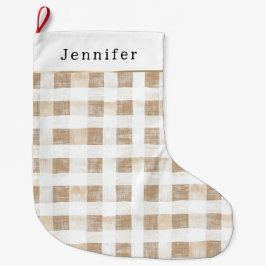 Meia De Natal Grande Cream White Plaid Stripes Christmas