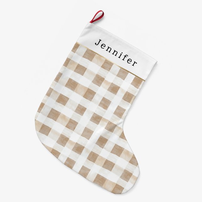 Meia De Natal Grande Cream White Plaid Stripes Christmas (Frente (Pendurada))