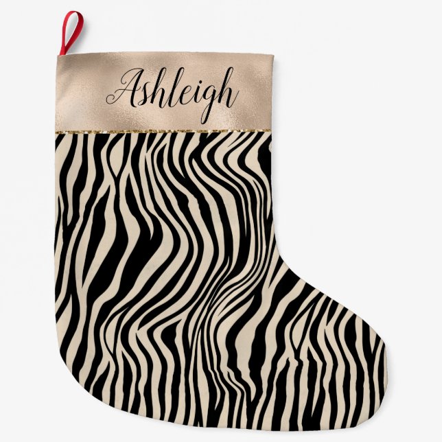 Meia De Natal Grande Creme Black Zebra Print (Frente)