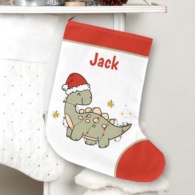 Meia De Natal Grande Crianças do nome do Papai Noel do Dinossauro de Na (Christmas Dinosaur Santa Hat Name Kids Large Christmas Stocking)